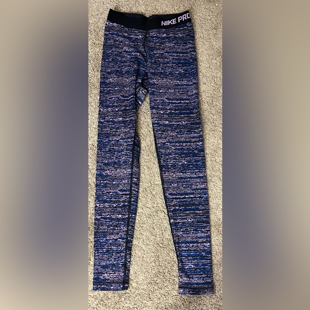 Nike Pro Purple/Blue/Black Patterned Leggings, Size Small